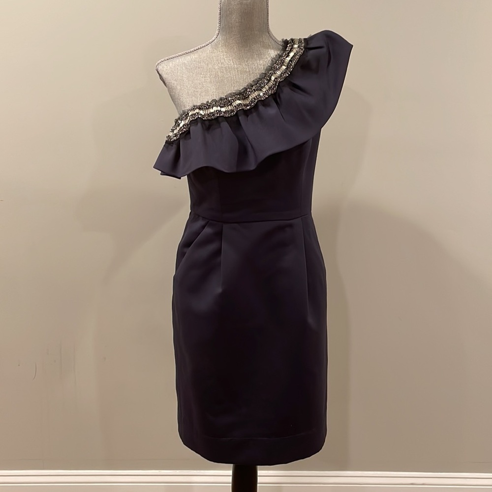 Shoshanna One Shoulder Ruffle embellished cocktail Dress Navy color